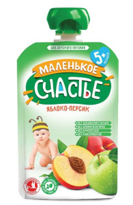 Пюре детское Маленькое счастье Яблоко и персик, мягкая упаковка, 5m+, 90гр